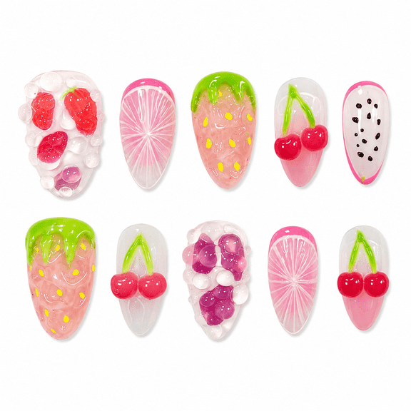 Pink Fruit Press on Nails Short Almond Fake Nails with Pearl Designs Pink and White Fruit Design Full Cover Adhesive Press Ons Nail Tips Graceful Acrylic False Nails Press on Nail Set 30 Pcs