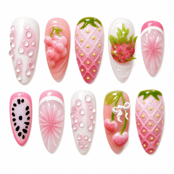 Pink Fruit Press on Nails, Short Almond Glossy False Nails with 3D Design, 24 Count