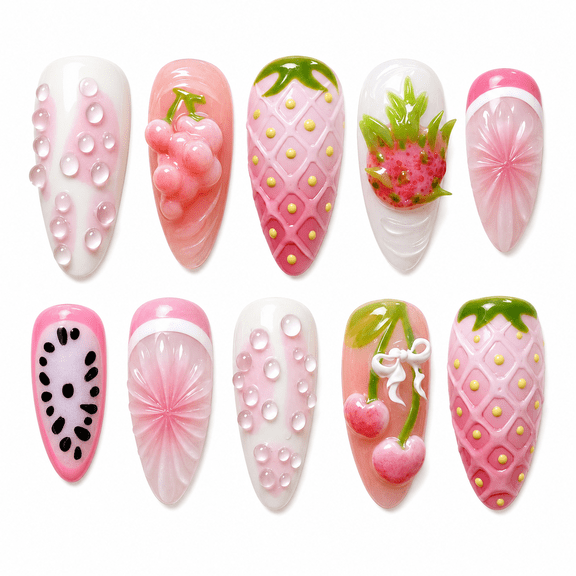 Pink Fruit Press on Nails, Short Almond Glossy False Nails with 3D Design, 24 Count