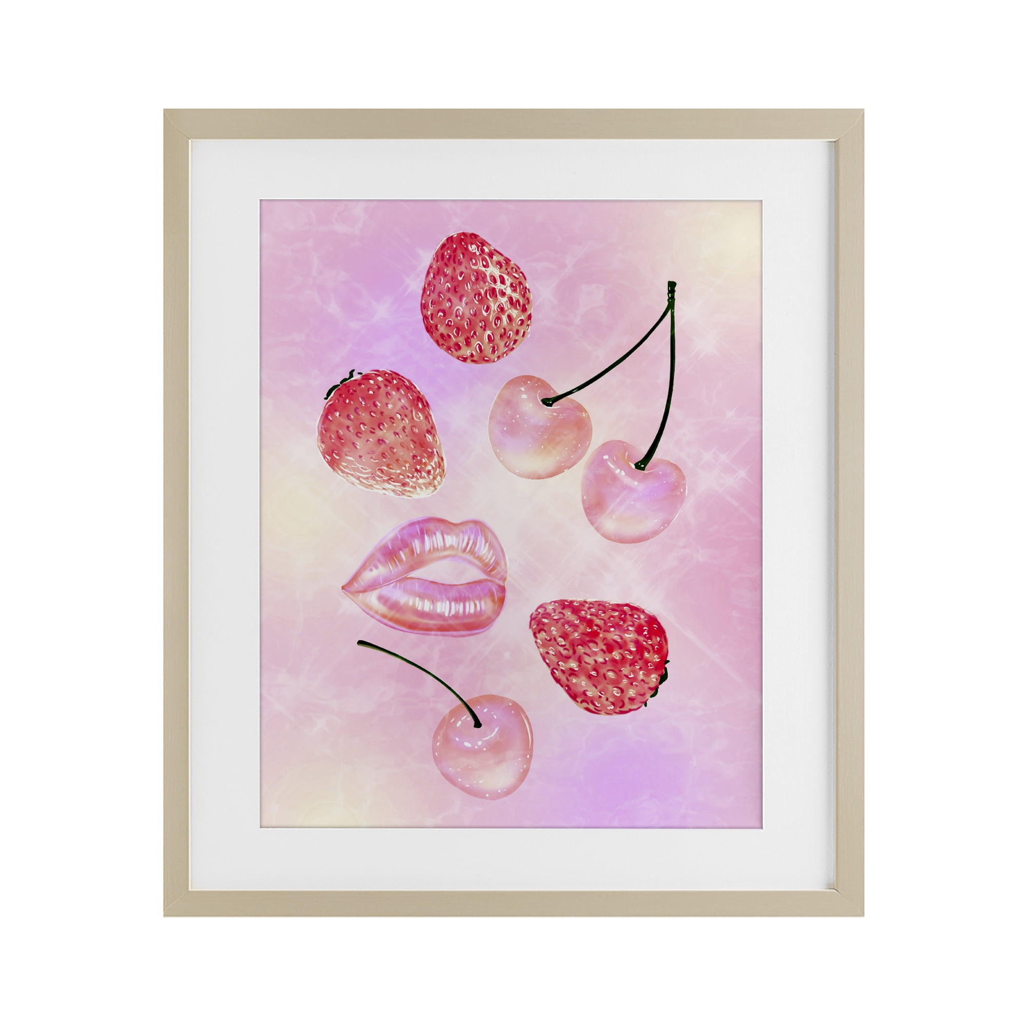 Pink Fruits and Kisses Birch Framed Print Under Glass, design by Ziwei Li