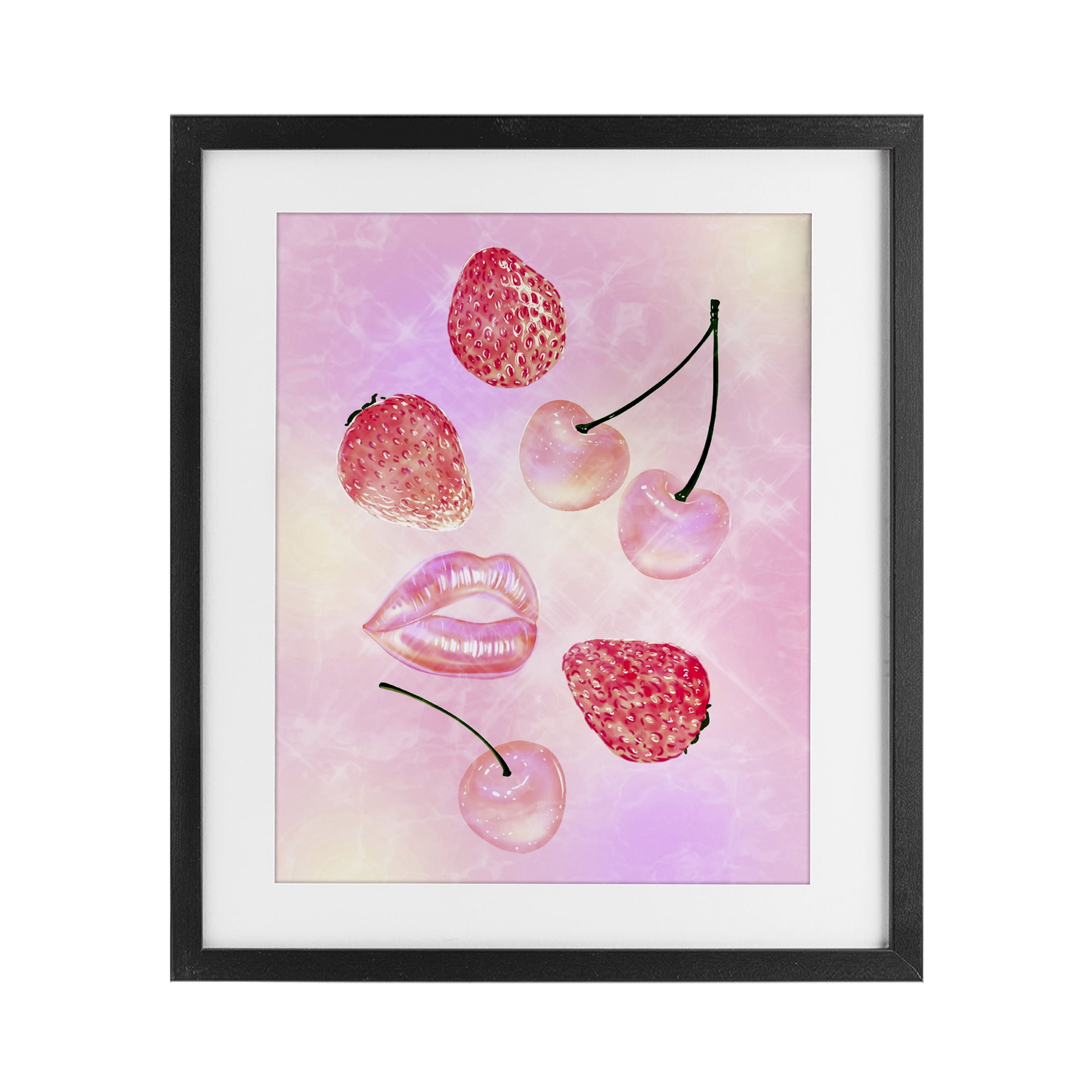 Pink Fruits and Kisses Black Framed Print Under Glass, design by Ziwei Li
