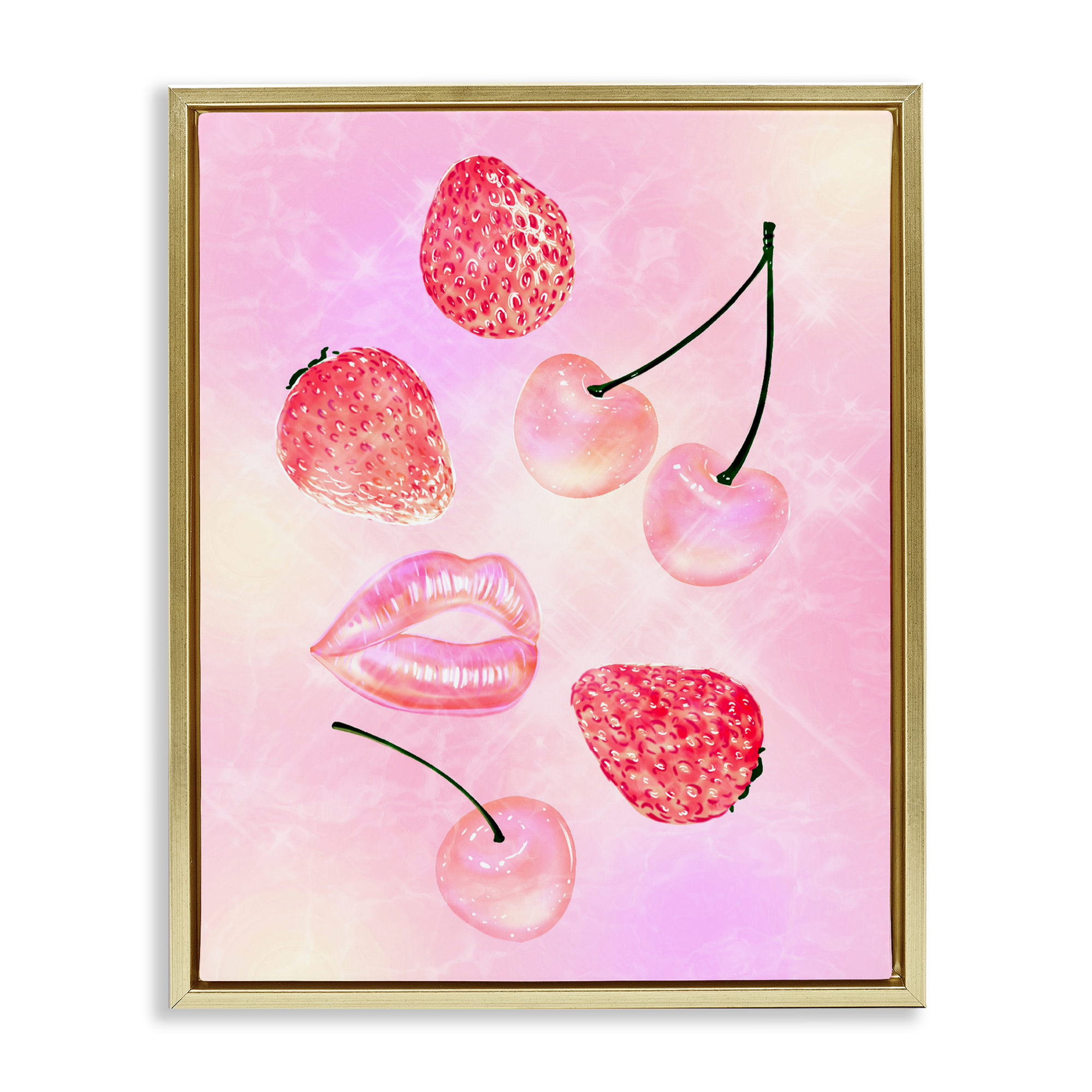 Pink Fruits and Kisses Gold Framed Floater Canvas Wall Art, design by Ziwei Li