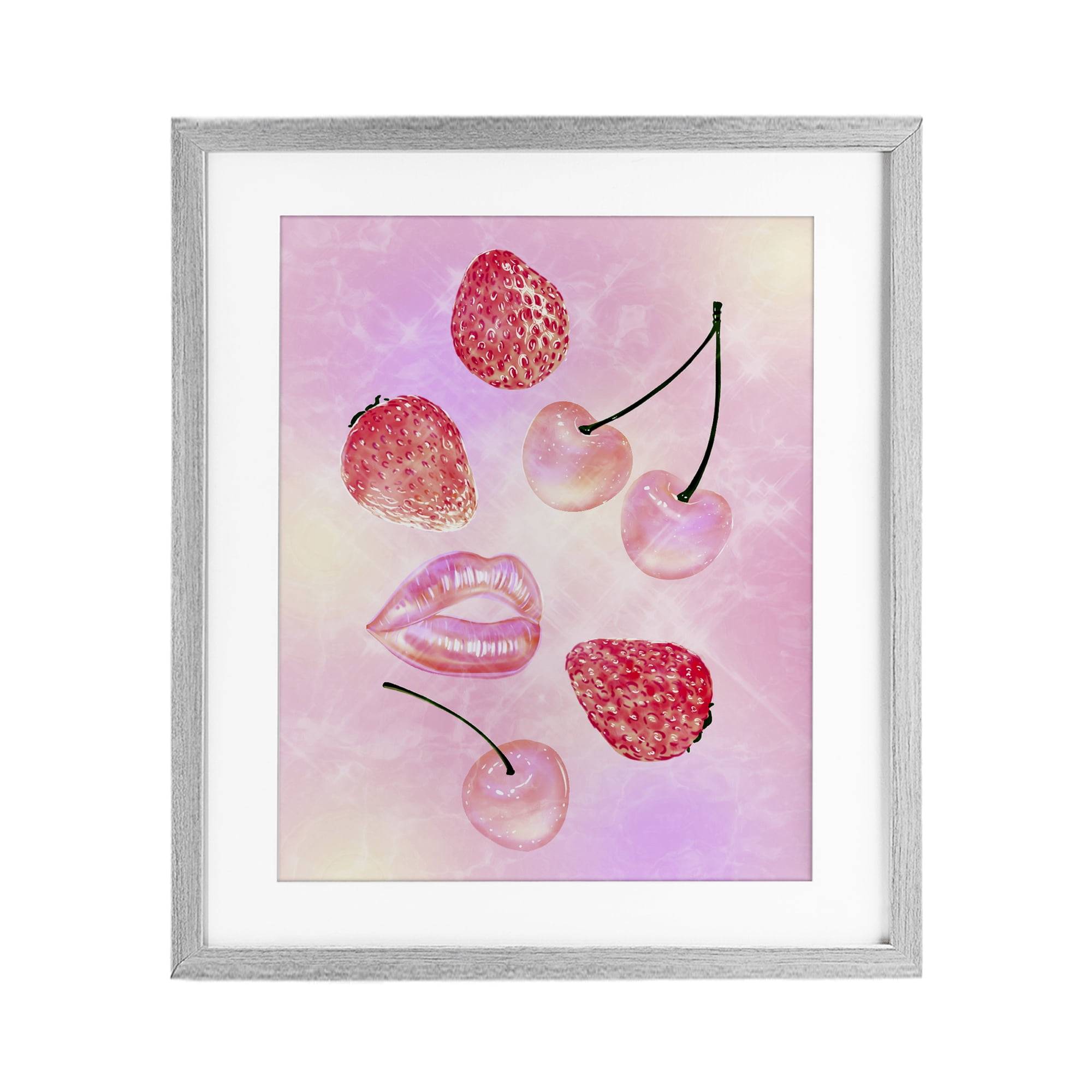 Pink Fruits and Kisses Gray Framed Print Under Glass, design by Ziwei Li