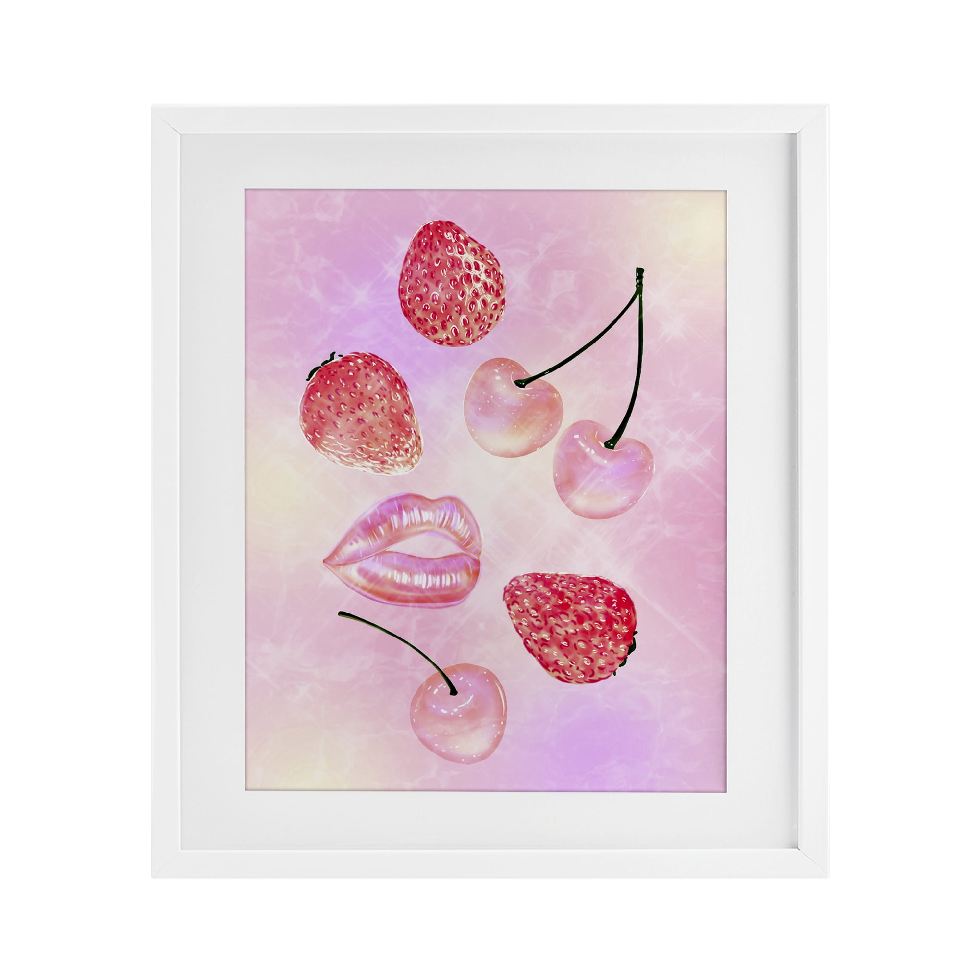 Pink Fruits and Kisses White Framed Print Under Glass, design by Ziwei Li