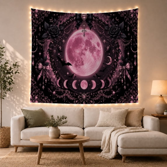 Pink Full Moon Within Black Lace, Roses and Bows, Dreamy Gothic for Dark Art Lovers, Lunar Wall Art, Halloween Gift, Tapestry Wall Hanging for Bedroom and Studio