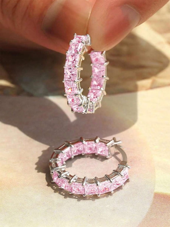 Pink Full Pave Square Cubic Zirconia Hoop Earrings Silvertone Prong-Set,Pink
