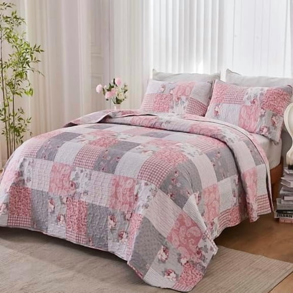Pink Full Queen Size Quilt Set Floral Plaid Patchwork Rversible Quilted Bedspread Coverlet Set 3-Piece Grey Grid Flowers Lightweight Comforter Bedding Set Bed Sheet Cover Blanket with 2 Pillow Shams