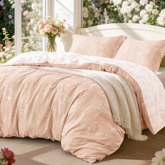Pink Full Size Comforter Set - Full Comforter Set, 3 Pieces Cute Floral Bedding Sets for All Seasons,1 Soft Reversible Botanical Flowers Comforter and 2 Pillow Shams