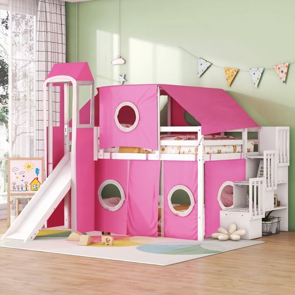 Pink Full Size Loft Bed with Tent and Tower - Sturdy Pine Wood Construction