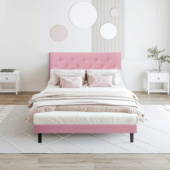 Pink Full Size Upholstered Bed With Linen Headboard - No Box Spring Needed, Simple Assembly, 500 Lbs Weight Limit Modern Necessary, Easy Stable Structure
