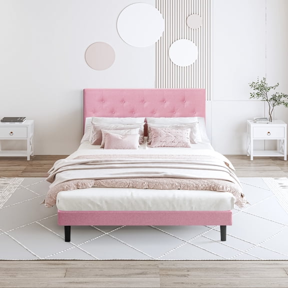 Pink Full Size Upholstered Bed With Linen Headboard - No Box Spring Needed, Simple Assembly, 500 Lbs Weight Limit Modern Necessary, Easy Stable Structure