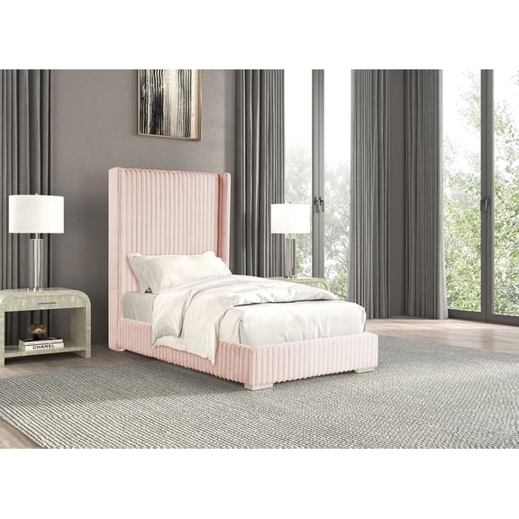 Pink Fur Chenille Fabric Bedroom 1pc Full Size Bed Mattress Ready High Headboard Bedframe