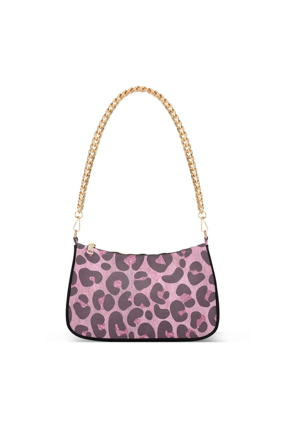 Pink Furry Leopard Leather Skin Womens Chain Shoulder Bag Tote Handbag Clutch Hobo Purse with Zipper for Travel Casual