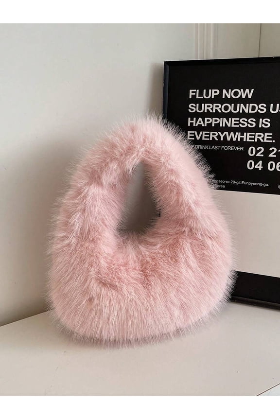 Pink Fuzzy Hoop Shoulder Handbag For Women, Plush Winter Style