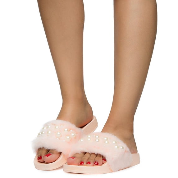 Pink Fuzzy Pearls Slip-on Slides Flat Sandals