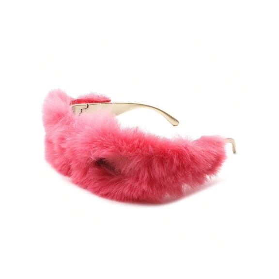 Pink Fuzzy Sunglasses - Gold Detail Dark Lens UV Protection Trendy Eyewear for Women Vacation