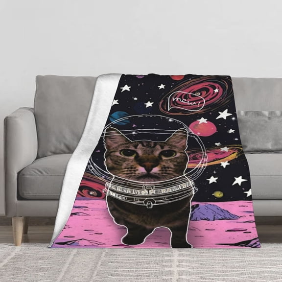 Pink Galaxy Astronaut Tabby Cat Space Pattern Flannel Fleece Throw Blanket, Soft Warm Plush Creative Space Cat Style Blanket for Sofa Bed Daily Use