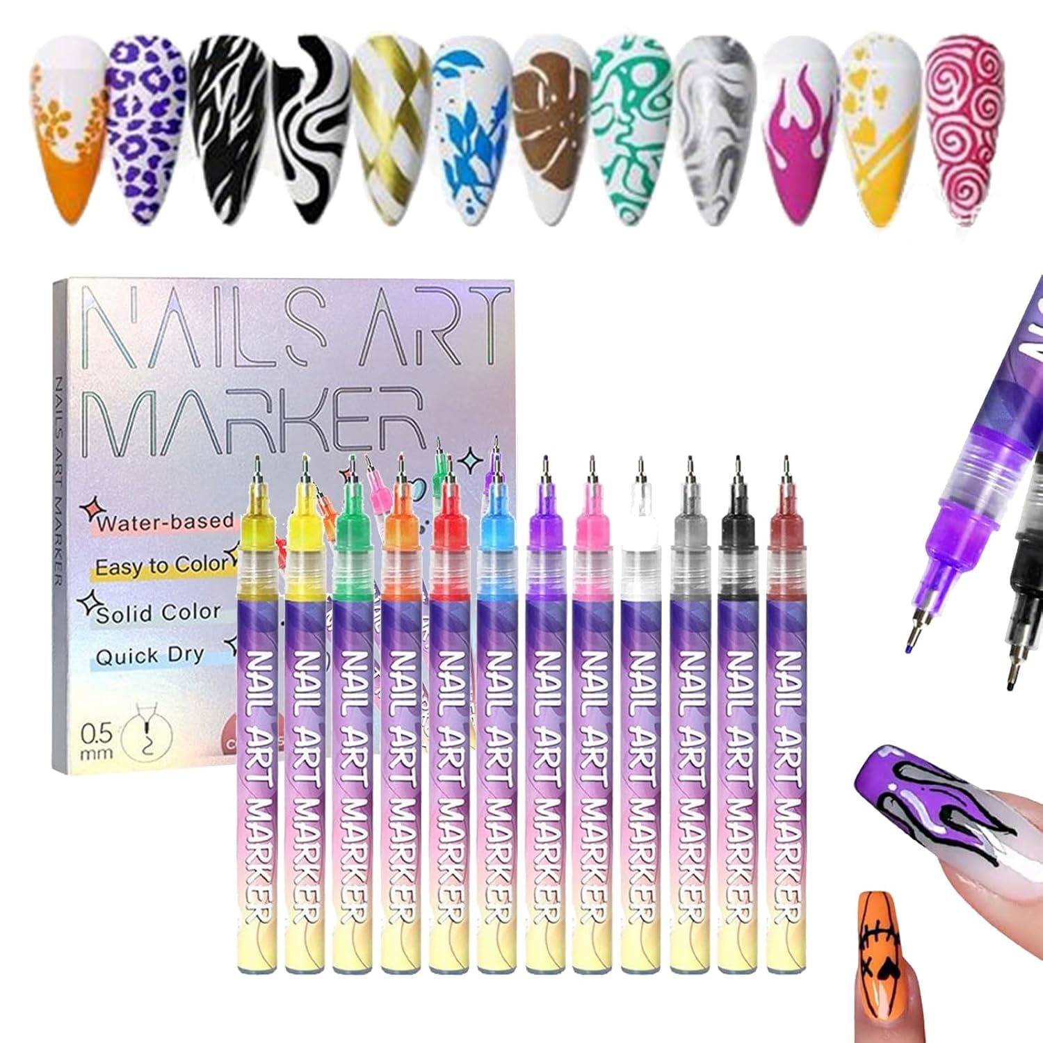 Pink Galaxy Nail Art Pens | 12 Colors Waterproof Nail Art Markers, Quick Dry Gel Polish Pens for DIY Drawing & Manicure