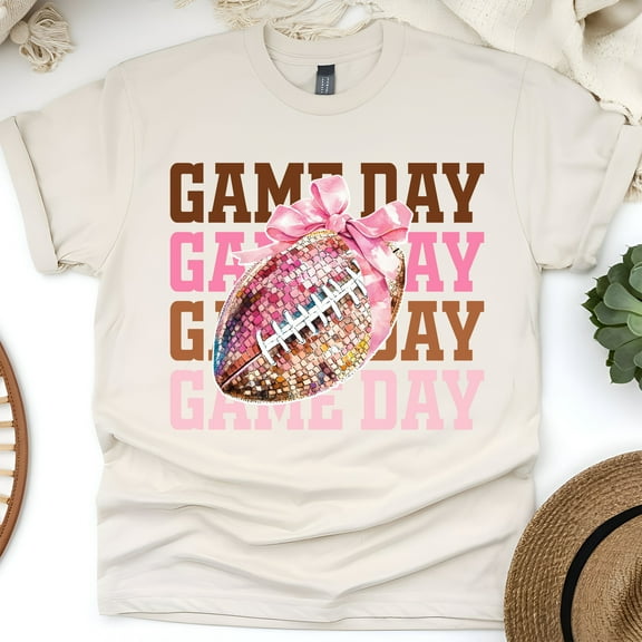 Pink Game Day Shirt | Sparkly Football Bow Graphic Tee for Women, Natural, Size M