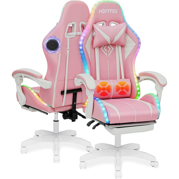 Pink Gaming Chair with Bluetooth Speakers and LED RGB Lights Cute Ergonomic Massage Computer Gaming Chair with Footrest High Back Video Game Chair with Lumbar Support Pink and White