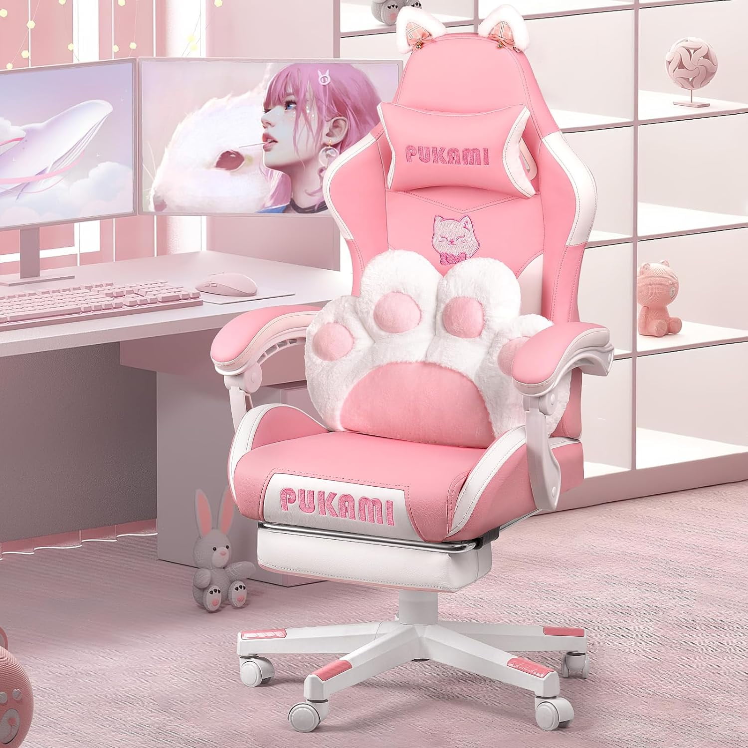 Pink Gaming Chair with Cat Ears and Cat Paw Cushion Pillow,Cute