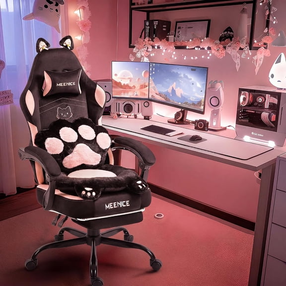 Pink Gaming Chair Cute with Cat Ears Paw Lumbar and Cushion,Ergonomic Computer Chair with Footrest,Reclining PC Game Chair for Girl Computer Chair 300lbs for Adult