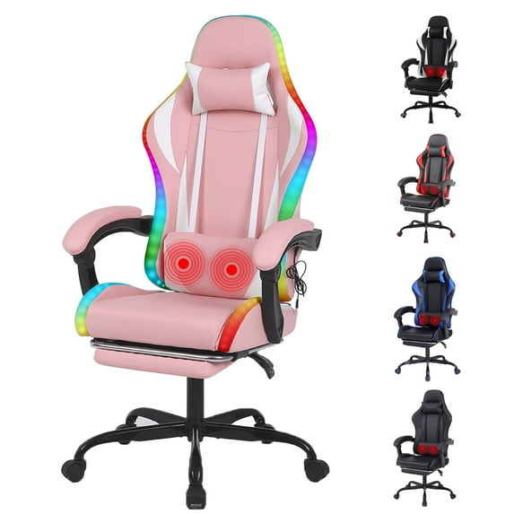 Pink Gaming Chair with Footrest and Massage for Girl Ergonomic Video Gamer Chair for Adults Leather Gaming Chair High Back Swivel Reclining Computer Chair for Home Office