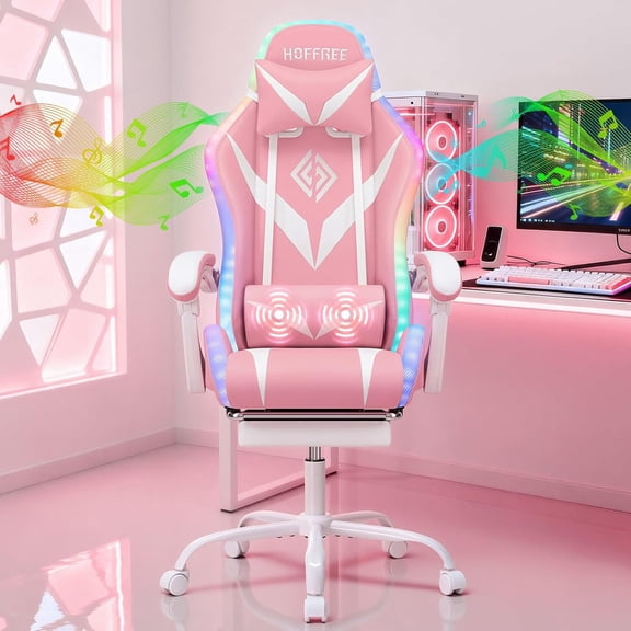 Pink Gaming Chair Massage with Bluetooth Speakers and Led Lights Ergonomic Computer Gaming Chair with Footrest RGB Video Game Chair with High Back Lumbar Support Pink and White