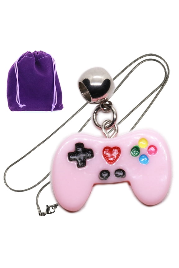 Pink Gaming Controller Pendant Necklace For Video Gaming Fans, Cute Heart Button Game Console Charm Jewelry With Sleek Chain And Purple Gift Pouch For Geek Chic Style And Cosplay