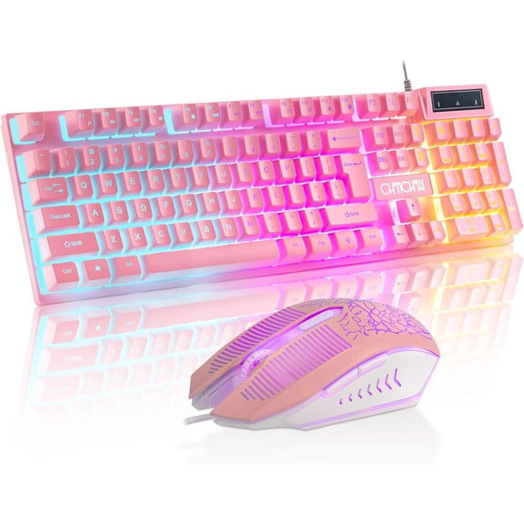 Pink Gaming Keyboard and Mouse Combo with LED, 104 Keys Wired Light Up Pink Keyboard and Cute Mouse Set for PC Laptop Computer PS4 PS5 Xbox, 19 Keys Anti-ghosting, Multimedia Keys, Number Pad