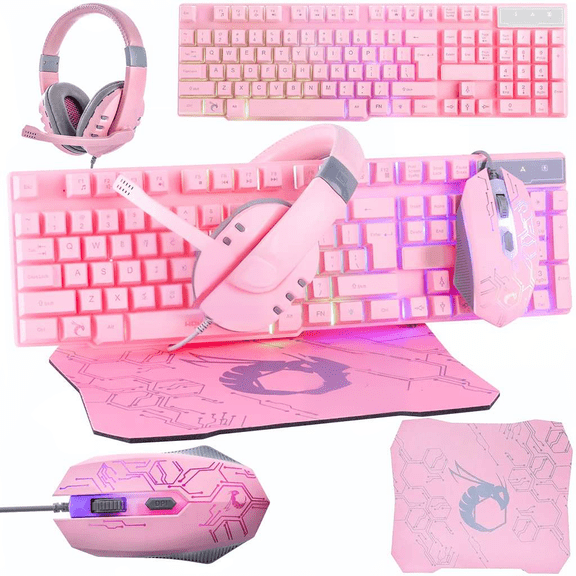 Pink Gaming Keyboard Mouse Headset and Mouse Pad Bundle