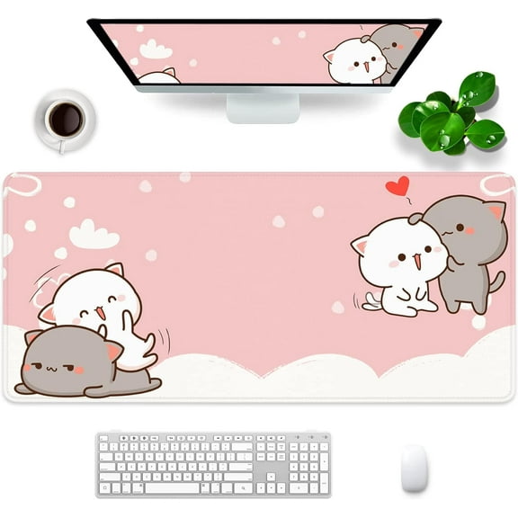 Pink Gaming Mouse Pad Gift for Women Cute Large Mouse Pad 35.4x15.7 inch Extra Large Rubber Mouse Pad Cat Theme Pink and White Mouse Pad (Pink -4)