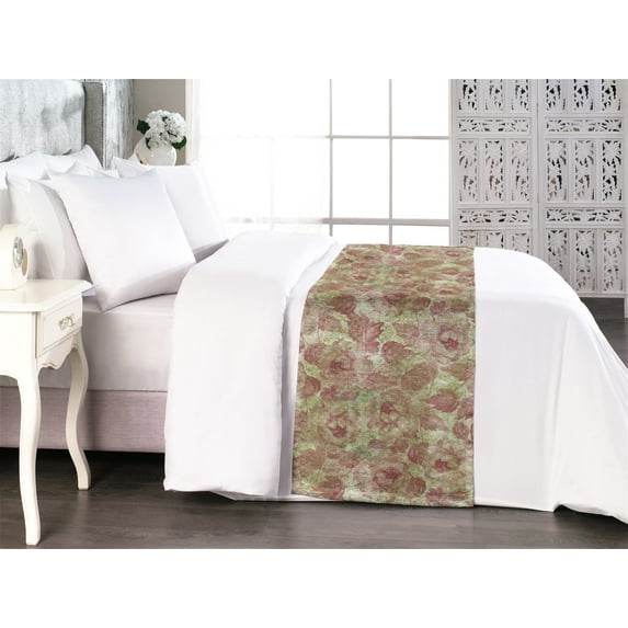 Pink Garden Bed Runner, Dreamy Flower Inspirations Rose Pattern on Jungle Colors Boho Art, Decorative Accent Bedding Scarf for Hotels Homes & Guest Rooms, Queen, Blush Pistachio Green, by Ambesonne