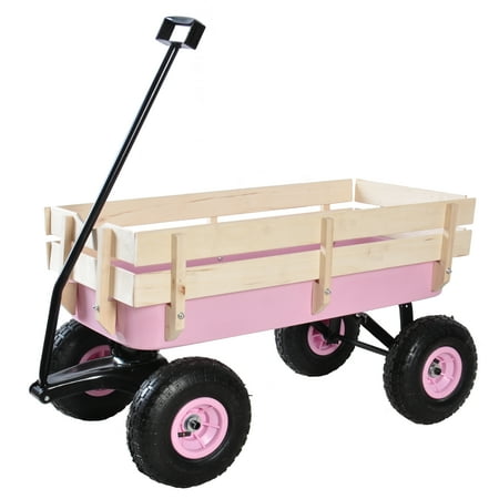 Pink Garden Carts Wagon All Terrain Pulling Wood Railing Air Tires Children Kid Garden
