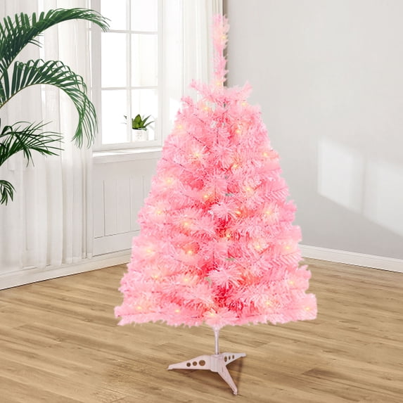 Pink Garden Ornaments for Christmas Tree,Hinged Spruce Christmas Decorations,Christmas Tree with Lights,Simulation Tabletop Tree for Holiday Home Hotel Display Winter