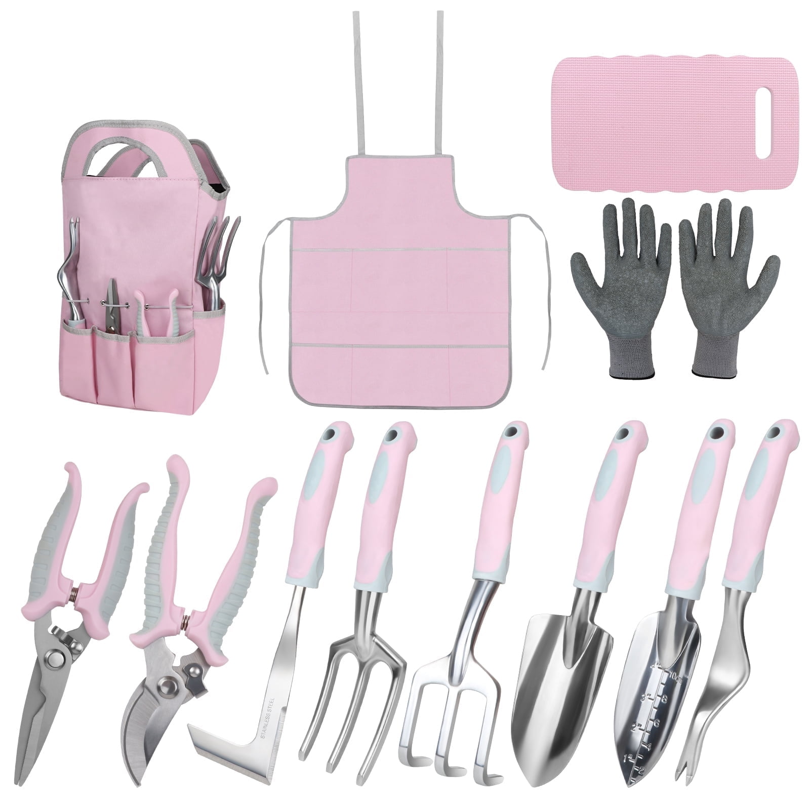 Pink Garden Tool Set 12 Pieces, ZUEXT Aluminum Gardening Hand Tools with Non-Slip Handle, Kneeling Pad, Apron, Gloves and Organizer Bag, Landscaping Tools - Gift for Women & Garden Enthusiasts