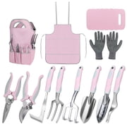 Pink Garden Tool Set 12 Pieces, ZUEXT Aluminum Gardening Hand Tools with Non-Slip Handle, Kneeling Pad, Apron, Gloves and Organizer Bag, Landscaping Tools - Gif