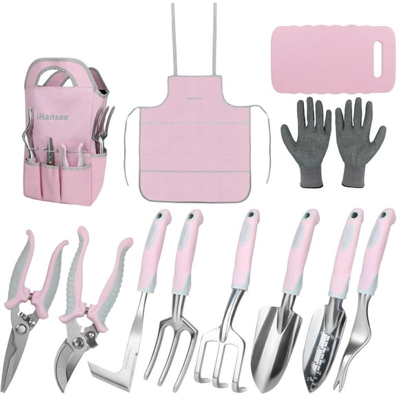 Pink Garden Tool Sets 12 Pieces, Aluminum Gardening Hand Tools with Non-Slip Handle, Kneeling Pad, Apron, Gloves and Organizer Bag, Landscaping Tools - Gift for Women & Garden Enthusiasts