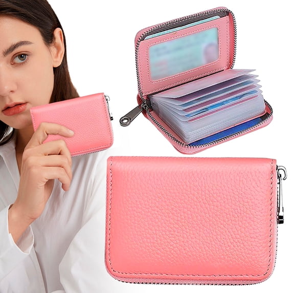 Pink Genuine Leather RFID Blocking Wallet for Women, Zipper Card Holder Case with 20 Card Slots and 2 ID Windows