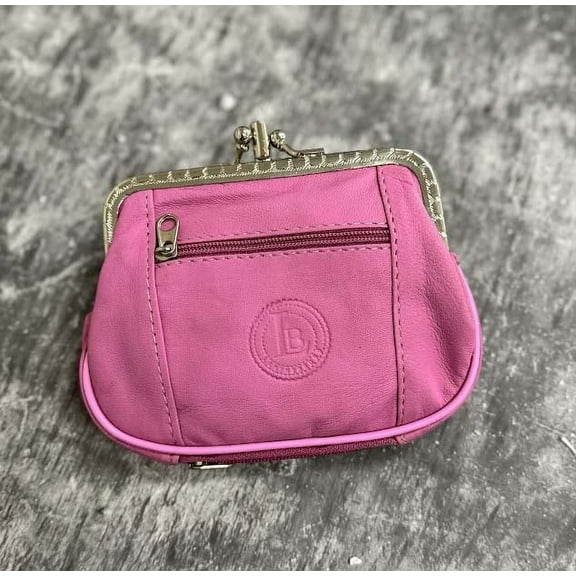 Pink Genuine Leather Woman Coin Purse Double Frame Change Wallet