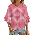 thumbnail image 1 of Pink Geometric Abstract Pattern Design Women's V-Neck Blouse With 3/4 Ruffled Bell Sleeves Casual Top Ladies Blouses, 1 of 7