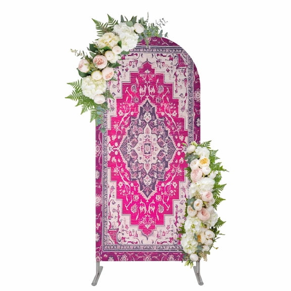 Pink Geometric Arch Backdrop Cover, Spandex Fitted Wedding Arch Cover, Middle Century Boho Ethnic Abstract Southwestern Round Top Stand Covers for Birthday Ceremony Bridal Shower Party Decor 5x2.1 Ft