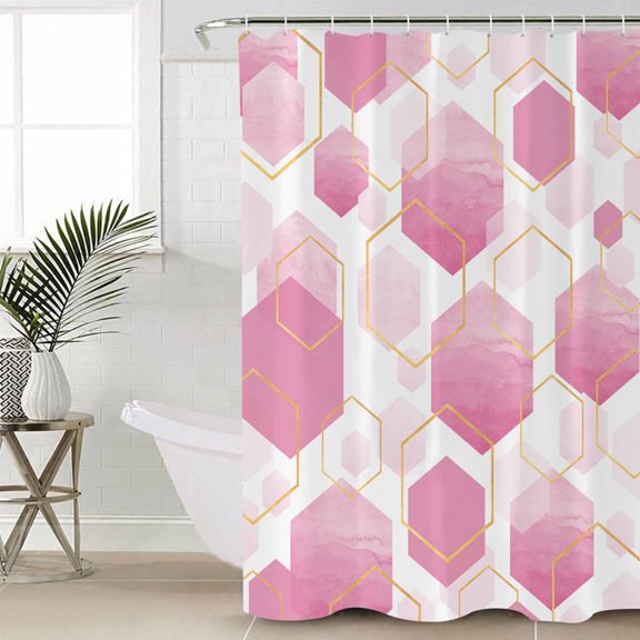 Pink Geometric Bathroom Curtain 72 Inch Shower Stall Curtain with Hooks, Gold White Hexagon Modern Gradient Waterproof Polyester Bath Curtain Washable Bathtub Curtain 36''x 72''