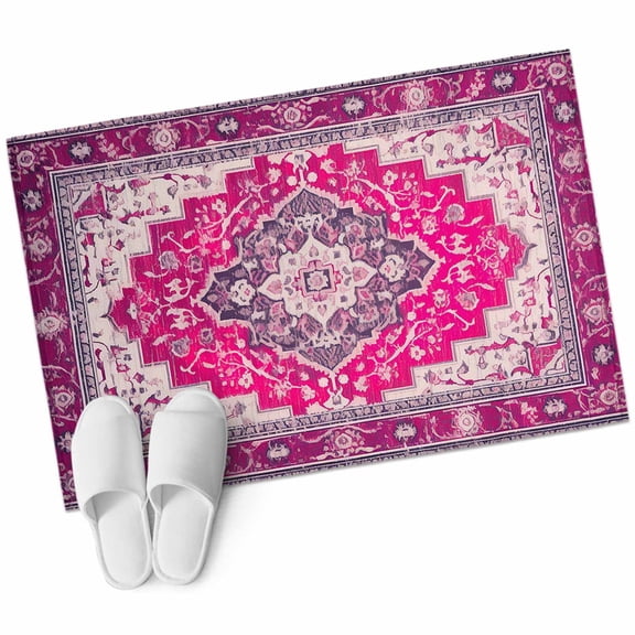 Pink Geometric Bathroom Mat 2x3 FT, Non Slip Small Kitchen Mat, Middle Century Boho Ethnic Abstract Southwestern Washable Soft Backed Front Door Throw Rug Indoor Outdoor Doormat for Entryway Sink