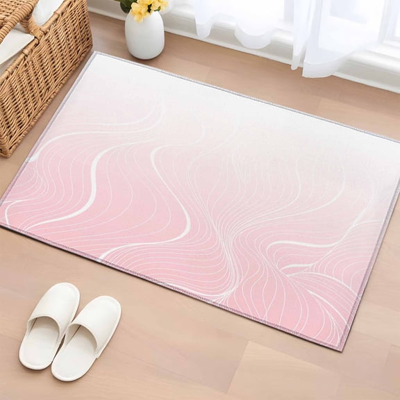 Pink Geometric Bathroom Rug Washable 2x3 Entryway Rug Non Slip Modern White Stripe Abstract Distortion Art Front Door Mat Low Pile Indoor Doormat Throw Floor Carpet for Kitchen Bedroom Entrance