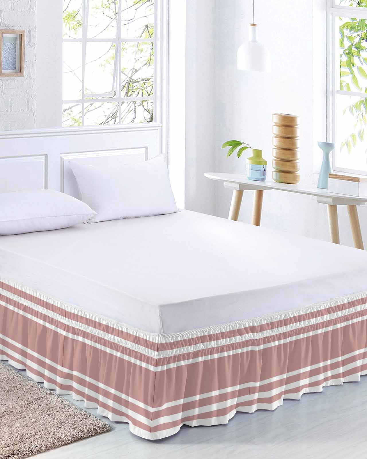 Pink Geometric Bed Skirt Queen Size 18 Inch Drop, Stripes Adjustable Elastic Dust Ruffles Bedskirt for Queen Bed Wrap Around Pleated Mattress Frame Cover