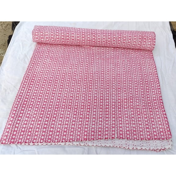 Pink Geometric Block Print Pure Cotton Indian Kantha Quilt – Handmade Throw Blanket for Bedroom Decor