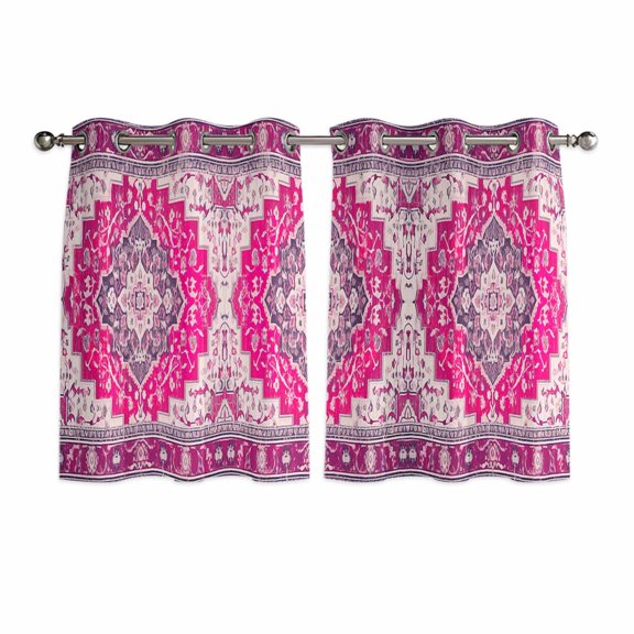 Pink Geometric Kitchen Curtains Short 45 Inch Length, Middle Century Boho Ethnic Abstract Southwestern Grommet Bedroom Living Room Curtains, Light Filtering Cafe Curtain Drapes 2 Panels Set 84''x45''