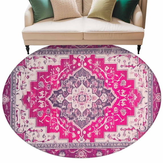Pink Geometric Large Area Rugs for Bedroom Living Room, Soft Non Slip Carpet Bedside Rug, Middle Century Boho Ethnic Abstract Southwestern Round Floor Cover Kitchen Accent Rug 6' for Office