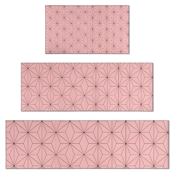 Pink Geometric Lattice Pattern Kitchen Rugs Sets Of 3,Kitchen Runner Rugs Non Skid Washable,Decorative Kitchen Floor Mats for Kitchen,Sink,Laundry,17"x30"+ 17"x47" + 17"x59"